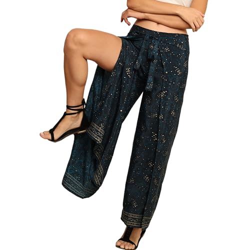 Buy KE KANHA EXPORTS Women’s Boho Wrap Palazzo Plazo Pants, Printed Wide Leg Tie-Up Waist Trousers, Soft Silky Feel Fabric, Multiway Convertible Beach & Casual Wear-4432-L at Amazon.in - Image 2