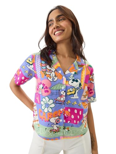 Image of The Souled Store Official Peanuts: Carefree Women and Girls Short Sleeve Collared Neck Button Front Regular Fit Rayon Summer Shirts