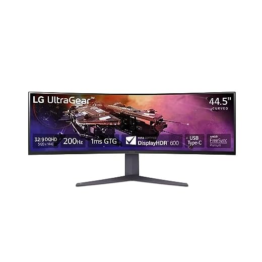LG 45GR75DC-B Ultragear Curved Gaming Monitor 45-Inch 32:9 Dual QHD 1ms 200Hz VESA DisplayHDR 600 with DCI-P3 95% AMD FreeSync Premium Pro Enhanced Gaming GUI DTS HP:X 3-Way Adjustable Stand - Black