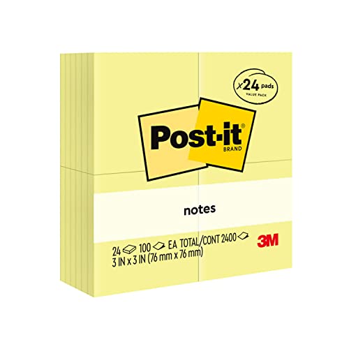 Post-it Notes, 3x3 in, 24 Pads, America s No.1 Favorite Sticky Notes, Canary Yellow, Clean Removal, Recyclable (654-24VAD)
