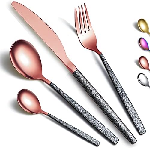 Kyraton Cutlery Set 16 Pieces with Moon Surface Black Handle and Shiny Rose Gold Mouth Titanium Coating Stainless Steel Modern Cutlery Set Utensils Set Service for 4
