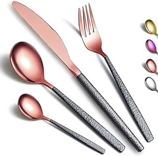 Kyraton Cutlery Set 16 Pieces with Moon Surface Black Handle and Shiny Rose Gold Mouth Titanium Coating Stainless Steel Modern Cutlery Set Utensils Set Service for 4