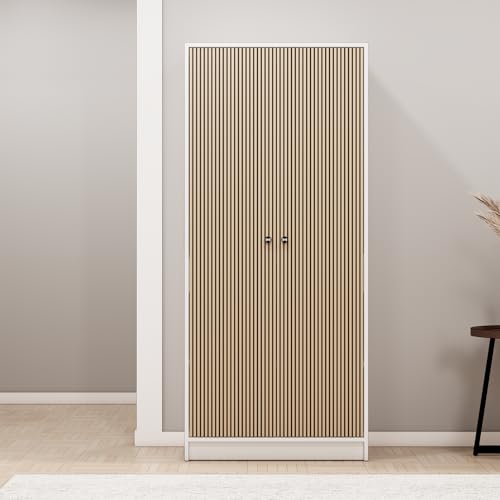 Image of Bniture Luxe 2 Door Wooden Wardrobe for Bedroom with Shelf & Lockable Drawer | Engineered Wood Almirah for Clothes with 3D Textured Panels | Dual Tone Cupboard for Bedroom | Frosty White & Giant Wood