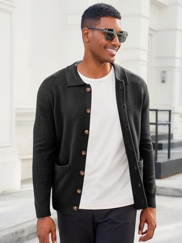 Runcati Mens Cardigan Sweater Casual Knitted Button Down Collared Cardigan Fall Winter Warm Polo Sweaters with Pockets3