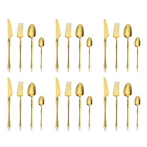 Snplowum 24-Pieces Gold 18/10 Stainless Steel Flatware Set, Matte Luxury Cutlery Set Kitchen Dinnerware Include Knife Fork Spoon and Teaspoon, Service for 6