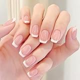Molirex 48 Pièces Faux Ongles Court Français Press on Nails Carrés Dégradé Fleurs Strass Faux Ongles de Pied à Coller avec Autocollants Adhesif French Manucure pour Femmes et Filles