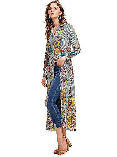 SheIn Women's Long Sleeve Button Up Stripe Floral Longline Blouse Shirt Cardigan X-Large Multicolor