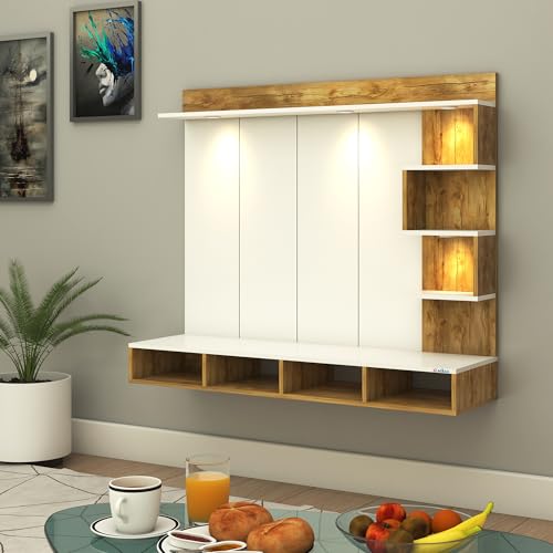 Image of Anikaa Kasey Engineered Wood Wall-Mount TV Unit with PVC Back Panel & LED Lights | TV Cabinet with Storage Box & Decorative Shelves (Gaintwood /White) Ideal for TVs up to 55 Inch | DIY Installation