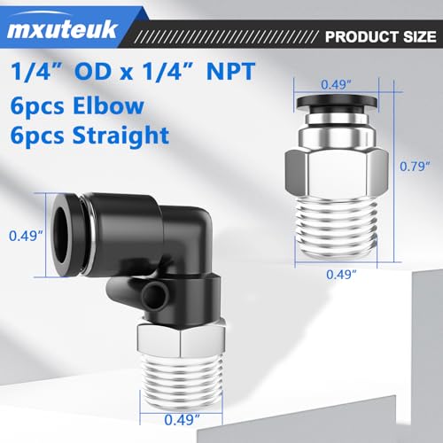 Image of mxuteuk 1 /4 inch Push to Connect Fittings,1 /4 inch OD to 1 /4 inch NPT Air Hose Fittings,1 /4 inch Quick Connect Fitting,Pneumatic Elbow and Straight Combination(12PCS)