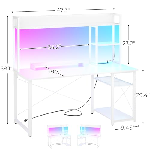 Image of Cyclysio Gaming Desk with Hutch, 47'' Computer Desk with LED Lights & Power Outlets, Home Office Desk with Reversible 5 Tiers Storage Shelves & Monitor Stand, Small Gaming Table for Small Space, White