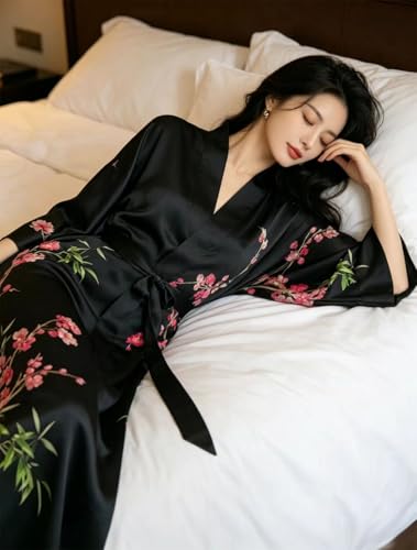 Image of Women's Classic 100% Silk Kimono Robe, Bathrobe-Printed Pattern
