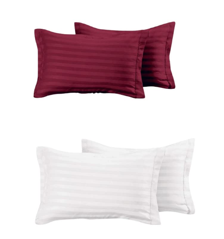 Image of 210 TC 100% Cotton Pillow Covers Set of 4 | Ultra Soft Satin Striped Pillow Case | 18 x 27 Inches, Maroon & White