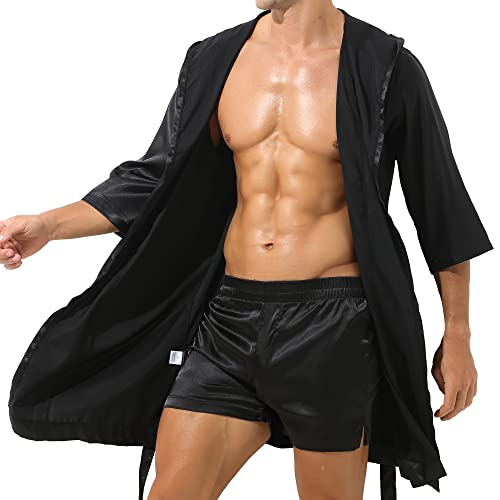 YUFEIDA Mens Satin Robe Silky Bathrobe with Shorts Lightweight Sleepwear Luxurious Pyjama Set Hooded Nightgown with Shorts2