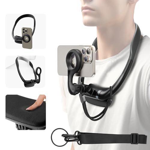REYGEAK Soporte magnético para teléfono para cuello, soporte para teléfono selfie, soporte para teléfono celular manos libres, correa para el pecho, grabación de video para Mag-Safe iPhone 15, 14, 13,