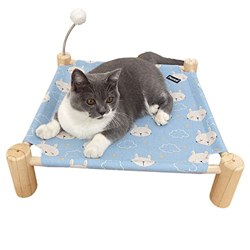 Pozico Cat Hammock Bed Wooden Elevated Cat Bed Removable Washable Pet Sleeping Bed ，Removable And Easy To Carry，With Spring Ball Toys (Blue Rabbit, Cat Bed) #TOP5