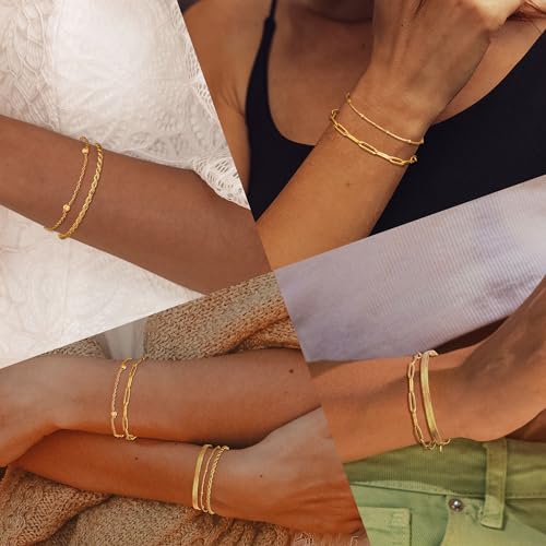 Dainty Gold Chain Bracelets set for Women, Trendy Gold Jewelry for Women Stackable Adjustable, 18K Gold Plated Paperclip Layered Link Bracelets4