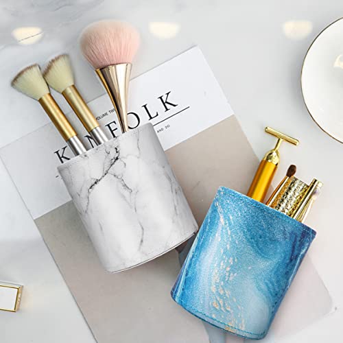Image of Marble Pen Holder for Desk, Pencil Organizer Office Decor, Large Makeup Brush Holder Pu Leather Multi-Functional Organizer Cup for Office, Home, Classroom, Blue Marble