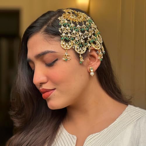 Image of Green Kundan Golden Passa /Paasa /Jhumar /Jhoomar Traditional /Ethnic /Wedding /Nikaah /Hair Jewellery /Hair Accessory for Girls /Women PK-5238