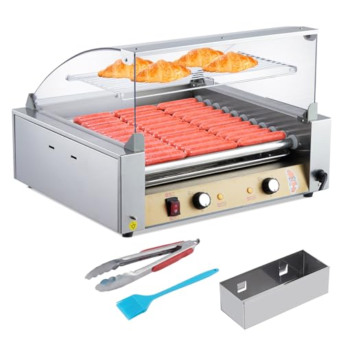 Hot Dog Roller - Sausage Grill Cooker Machine, Stainless Steel Hotdog Roller Grill and Bun Warmer With Glass Cover & Removable Drip Tray, Dual Temp Control, for Commercial Household (11 Roller 1650W)
