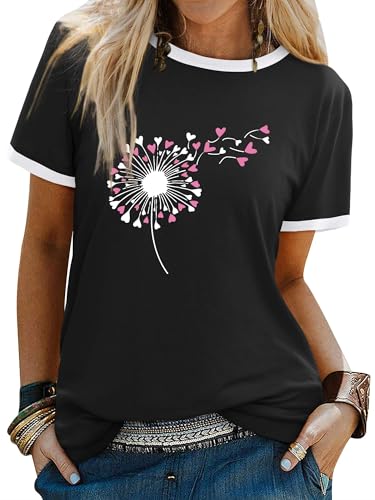 Dresswel Women Dandelion T-Shirt Love Hearts Graphic Print Floral Tee Shirts Crew Neck Short Sleeve Summer Tops Basic Tshirts