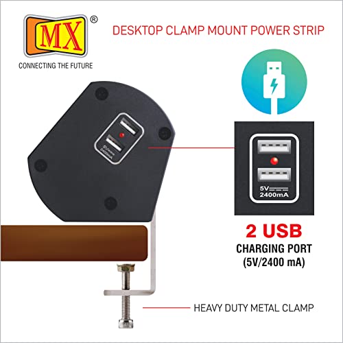Image of MX Premium Power Console 16 Amp 6 Universal Sockets with 2 USB Charging Port Extension Board - with Removable Desk Clamp Power Strip Master Switch (Desk Clamp Power Strip-6 /13 AMP- 6 Outlets + 2 USB)
