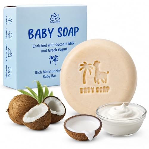 Relaxcation Organic Baby Soap Bar with Greek Yogurt and Coconut Milk - Naturally Cold Processed from Organic Ingredients - Extra Moisturizing Baby's Delicate Skin - Handmade in USA