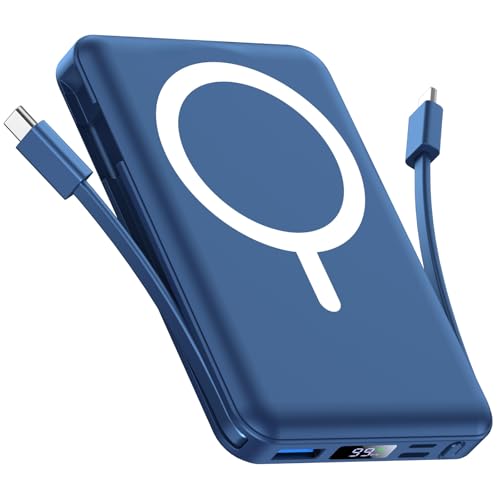 Vexnara Batterie Externe iPhone Magnétique, Compatible avec MagSafe 10000mAh sans Fil Power Bank Charge Rapide avec 2 Câbles Intégrés Affichage LED Compatible iPhone 17/16/15/14/13/12/Pro/Pro Max-Bleu