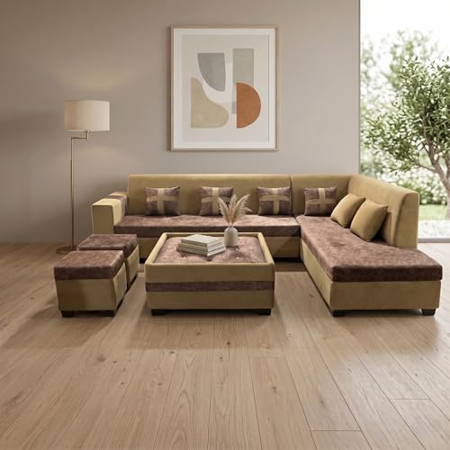 Image of RECTART Luxe 8 Seater L-Shape Sofa Set for Living Room | Sectional Sofa with Centre Table & 2 Ottoman Stools, 6 Pillows | Modern Wooden Home Furniture |