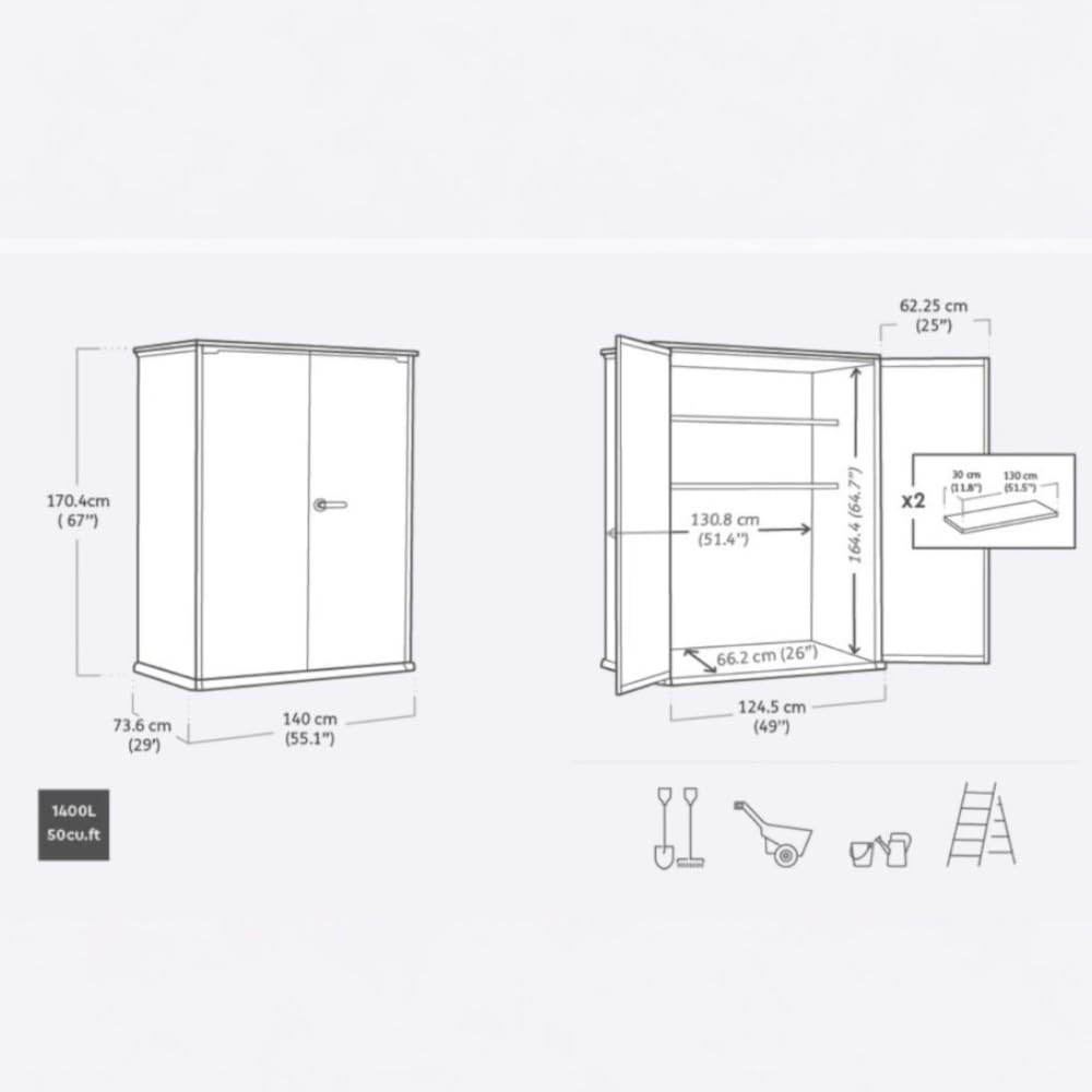 Keter Premier - Cobertizo de almacenamiento alto de resina para exteriores de 4 x 5 pies con soportes de estantería para muebles de patio, accesorios de piscina y bicicletas, color gris y negro