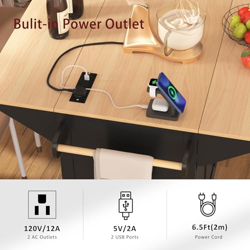 Quarte Farmhouse Large Kitchen Island with 2 Drop Leaf and Power Outlet,Rolling Kitchen Cart on 5 Wheels, Folding Storage Dining Table for Home, Dining Room (Black/Double)