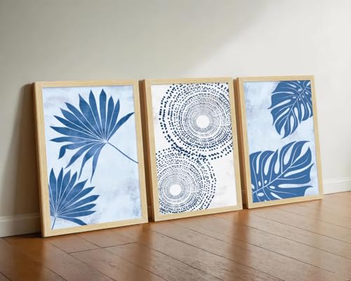Image of ArtX Paper Boho Leaf Paintings For Wall Decoration, Abstract Home Decor Wall Art, Hotel Wall Painting for Living Room, Multicolor, Natural Wood Color Frames, 12.0x18.0 inch, Set of 3