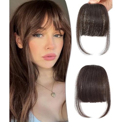 Clip in Fringe - Bangs Hair Clip in Bangs 100% Real Human Hair Extensions clip on air bangs for Women Fringe with Temples Hairpieces Curved Bangs (Dark Brown, Neat Bangs)