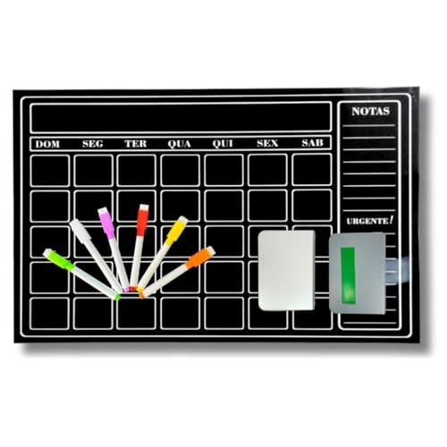 Planejador Mensal Quadro de Metal Preto, 50x80cm, com 6 Canetas Neon + Fixador de parede sem furos