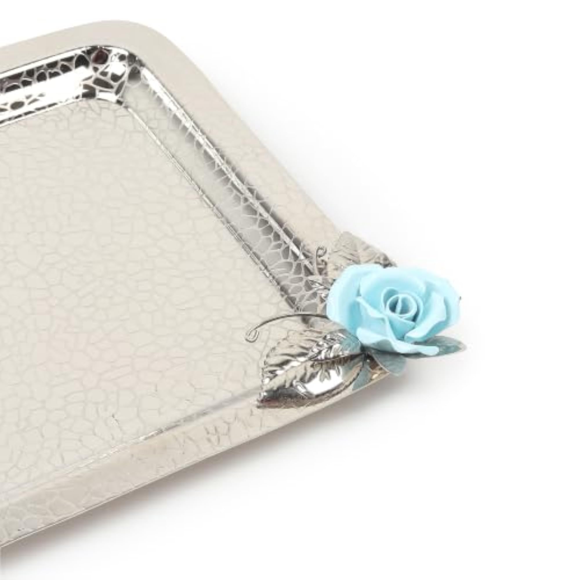 Silver Stainless Steel Square Tray with Blue Rose