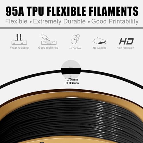 Eono TPU 3D Printer Filament 1.75mm, 95A TPU 3D Filament, Flexibility and Good Durability for 3D Printing, Dimensional Accuracy +/- 0.03mm,1kg Spool(2.2lb),TPU Black. - Image 4