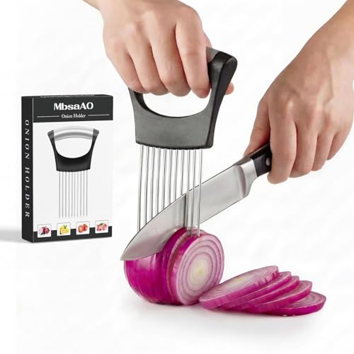 MbsaAO Onion Holder for Slicing, Stainless Steel Onions Slicer with Protective Cover, Vegetable Chopper Onion Slicer Holder Assistant Tool for Meat Potato Tomato Lemon Avocados
