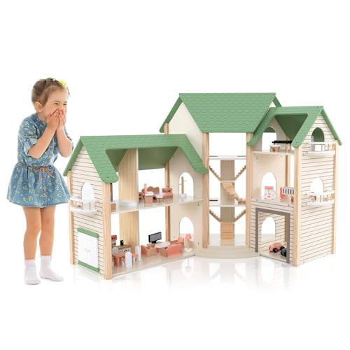 COSTWAY Maison de Poupée en Bois avec 6 Pièces & 36 Meubles, Maison de Rêve avec Toit Vert & Garage & Balcon, Conception d'angle, Jeu d’Imitation...