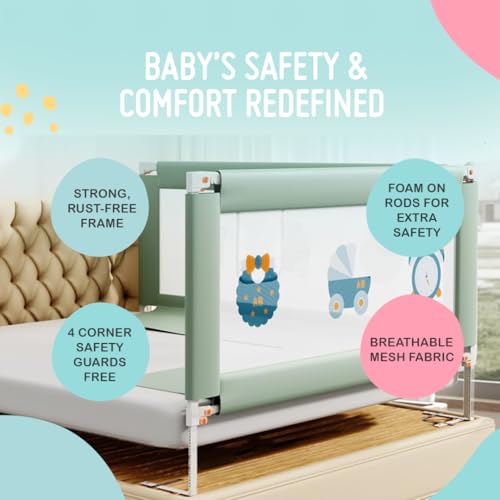 Image of Safe-O-Kid 1-Year Warranty 6 Feet /180 Cms Metal Baby Bed Rail with 28 Level (Extra Secure) Adjustable Height, Baby Safety Bed Railing for Secure Sleep, Bed Guard for Babies, Green-Pack of 3