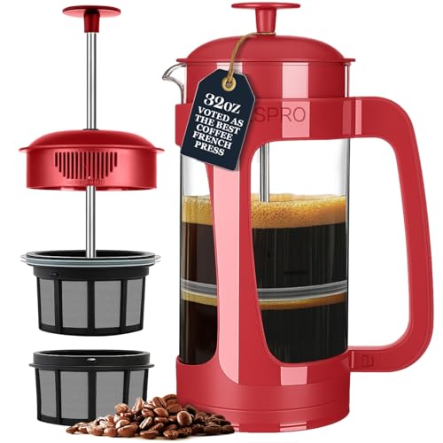 Image of ESPRO P3 French Press Coffee Maker, 32oz, Red, Double Micro Filter Press | Grit-Free Coffee Press, Thicker Borosilicate Heat Resistant Glass french press, Tea Press, Easy Coffee Brewer, Tea Brewer