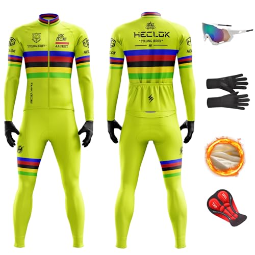 HECLOK Maillot de Cyclisme Hiver Homme | Ensemble Thermique Polaire à Manches Longues et Culotte avec Gel | Tenue Vélo Route (TYP-7,M)