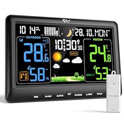 LIORQUE Estacion Meteorologica Interior Exterior, ...: Pantalla grande y clara y alarmas dobles: La vibrante pantalla VA de 7.5" muestra claramente la hora, la fecha y el día de la semana (con sincronización RCC automática). Disfruta de una visualización personalizada con 4 niveles de brillo ajustables, ...