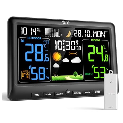 LIORQUE Estacion Meteorologica Interior Exterior, Pantalla Grande a Color, Monitor de Temperatura y Humedad, Presión Atmosférica, Fases Lunares, Reloj Digital con Alarma y Snooze