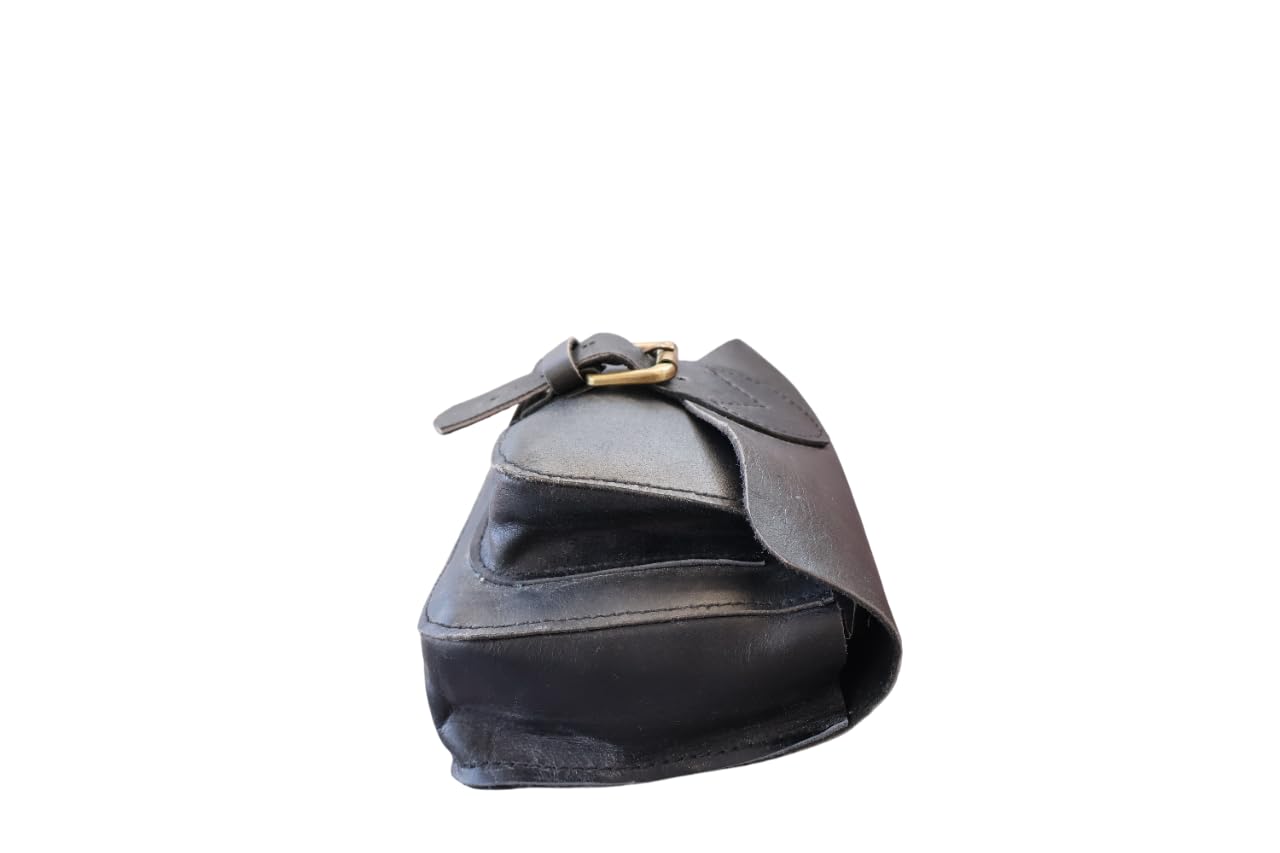 american blue Sacoche de moto vintage en cuir de chèvre véritable, avec fermeture à boucle à 2 sangles, sac à outils marron à dégagement rapide, renforcé, pour guidon, fourche (poche latérale)