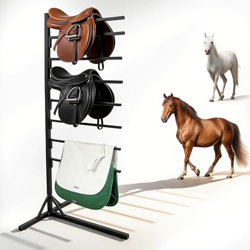 BBTEQEKN 8 Tier Saddle Pad Rack with Stand,Long Rack Arms Horse Blanket Holder Suitable for Stable,Light Portable Saddle Pad Rack,Tack Room,Utility Rooms,Horse Trailers,Black
