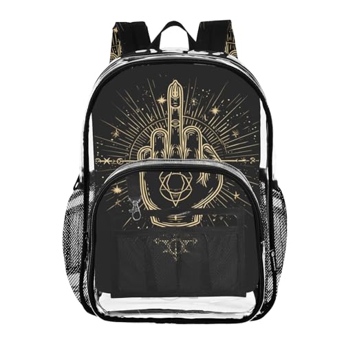 Kids PVC Clear Backpack Geometric Middle Finger Black Heavy Duty Multi-pockets Large Capacity Transparent See Through Bookbag for School Travel Sport Work