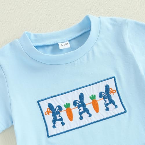 Image of Toddler Baby Boy Easter Rabbit Outfit Short Sleeve Bunny Carrot Smocked T-shirt Elastic Waist Shorts Summer Clothes