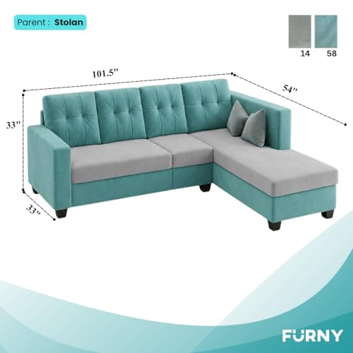 Image of FURNY Nathan 5 Seater L Shape Sofa Set RHS (Sky Blue-Light Grey) | Suede Velvet Finish | Durable Comfort Sofa for Modern Living Room & Office Spaces