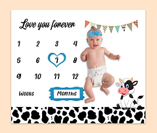 Image of Cow Milestone Blanket for Baby Boy, Farm Animals Cow Print Photography Background Newborn First Year Growth Blanket for Baby Pictures Include 4 Frames and 1 Headband 48 inchx40 inch BTYYPH46