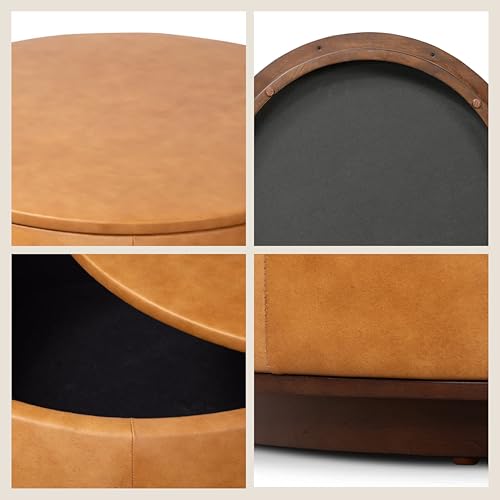 Image of Poly & BARK Herve Storage Ottoman - Round Italian Full-Grain Leather Ottoman with Hidden Storage - Solid Wood Base in Walnut Finish - Cognac Tan