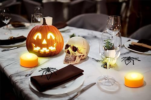 Image of 2 Pack Flameless Halloween LED Pumpkin Lights with Remote and Timer | Flickering orange Jack-O-Lantern lights. Battery operated electric Halloween candles for indoor outdoor pumpkin decorations